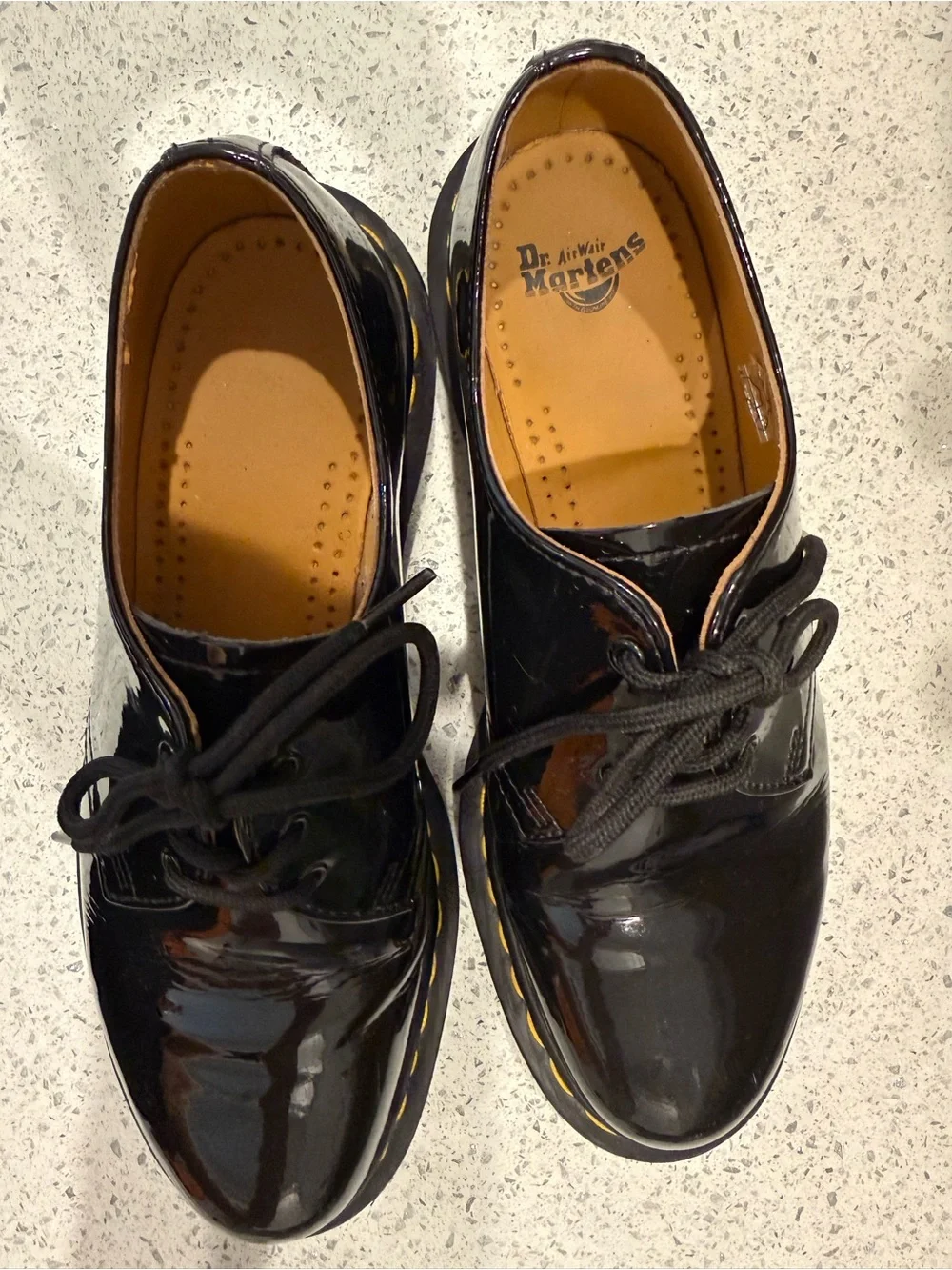 Dr. Martens Black Patent Lace-Up Shoes with Yellow Stitching